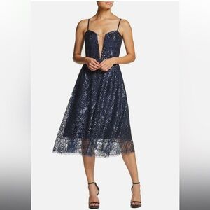 NWOT Dress the POPULATION Navy Blue Leona Art Deco Sequin Plunge Midi XXL